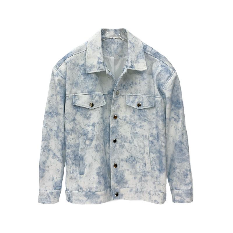 男性服 マーブル シャツ 春秋 シャツジャケット デニムジャケット Gジャン 白ベース 淡い ペールトーン 桃色 ピンク 水色 空 カジュアル ライト カラー カップル アウター 上着 ストリート
