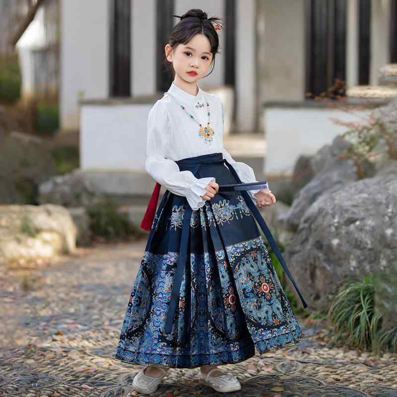 ロングスカート プリーツ 上下セット 中国風 衣装 漢服 紺 着物風 春秋 夏 キッズ 女の子 ステージ 舞台 舞踊 演劇 式典 伝統 華やか クラシック 爽やか｜ラ・グラーヌ