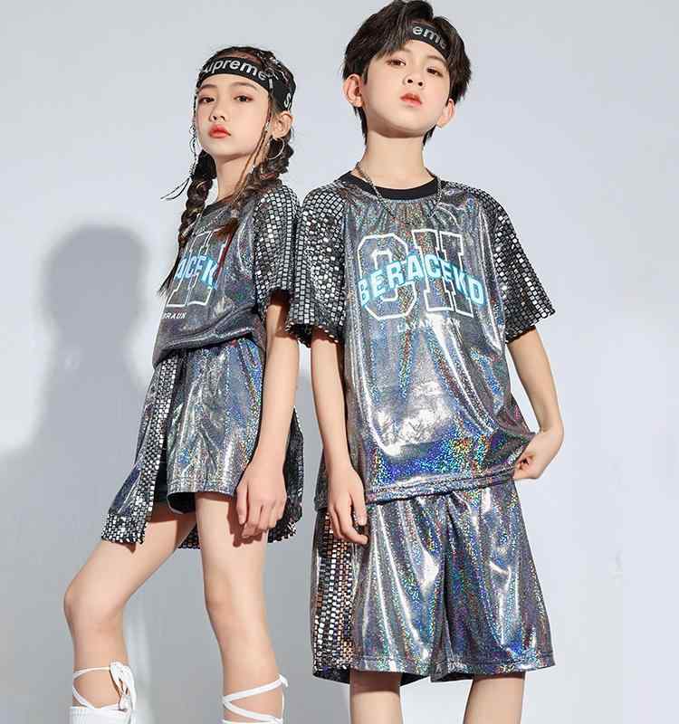 キッズ ダンスウェア シルバーTシャツ 夏 インスタ映え ヒップホップ ストリートダンス ストリートスタイル パフォーマンス衣装 男の子 女の子 ジャズダンス コスチューム ユニフォーム 子供服