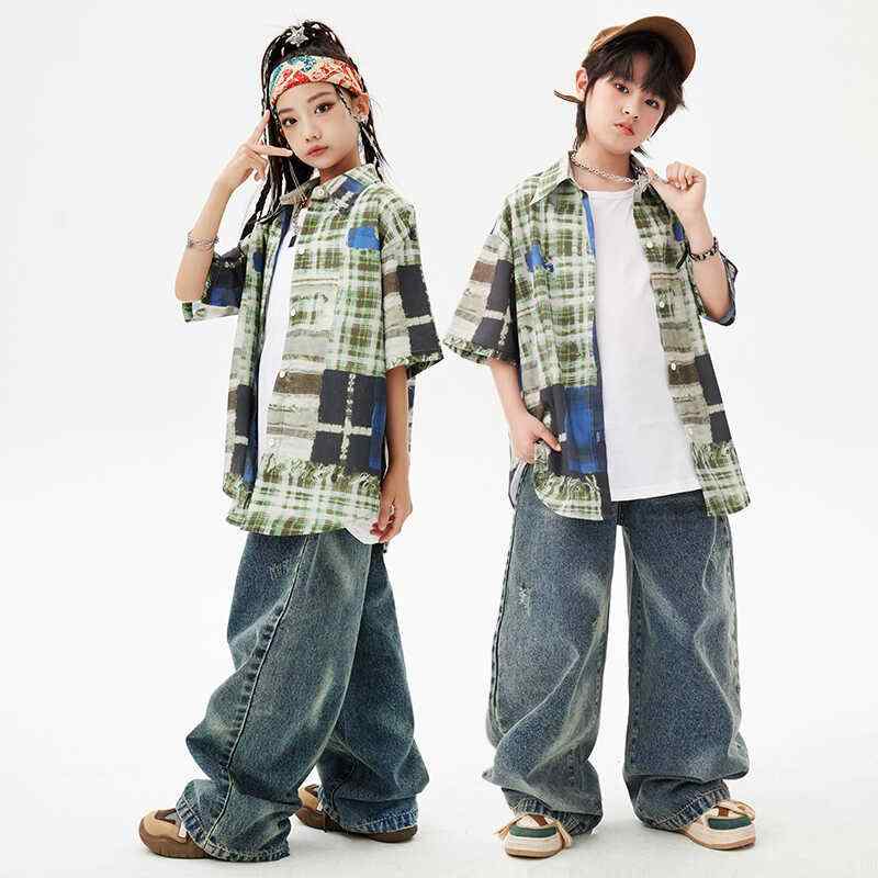 キッズ ダンスウェア チェック柄シャツ ヒップホップ ストリートダンス ストリートスタイル パフォーマンス衣装 男の子 女の子 ジャズダンス コスチューム ユニフォーム チーム衣装 子供服