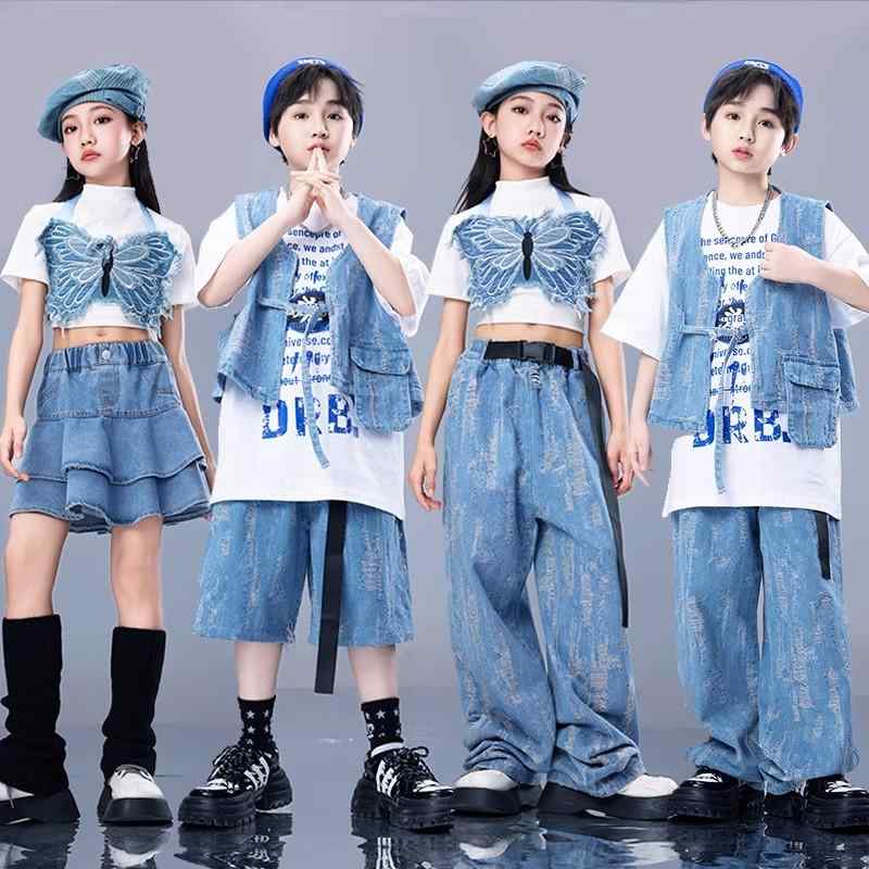 キッズ デニムスーツ ダンスウェア ヒップホップ ストリートダンス ストリートスタイル パフォーマンス衣装 ジャズダンス 女の子 男の子 コスチューム ユニフォーム チーム衣装 子供服