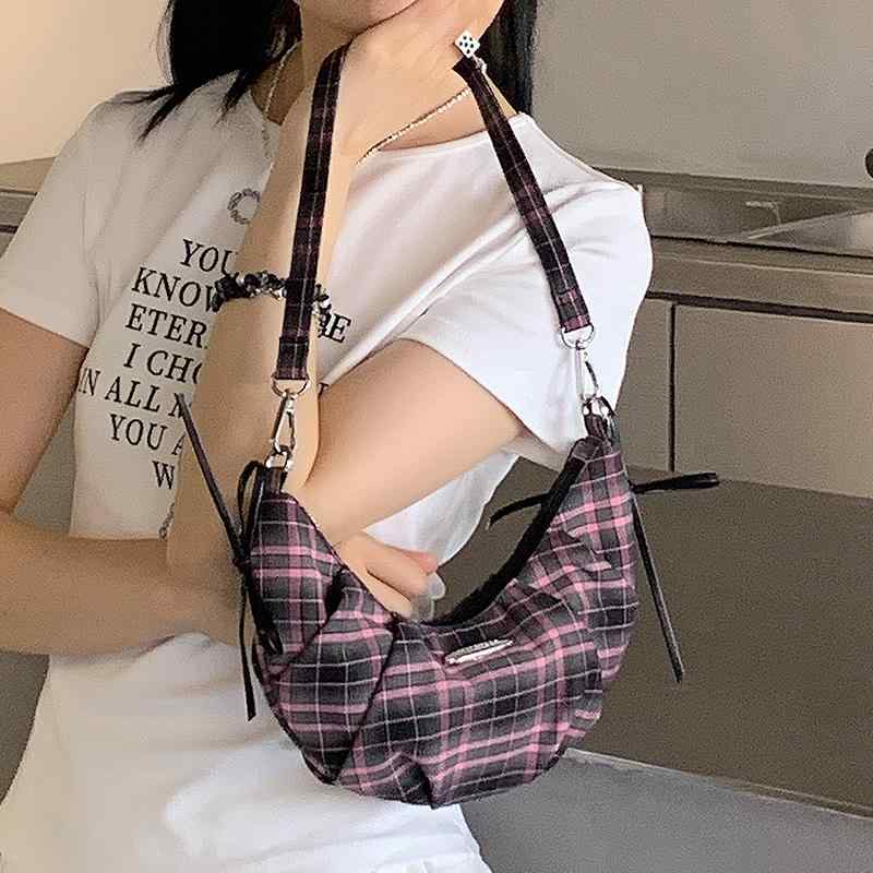 ショルダーバッグ ガールズ 普段使い 夏 ハイエンド 韓国 テクスチャ バッグ レディース クロス ボディチェック柄 カレッジ スタイル クロワッサン バッグ
