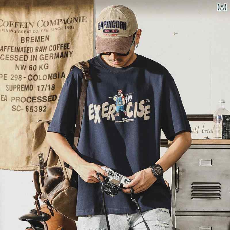 半袖 Tシャツ メンズ 男性用 トップス 夏 アメリカン フィッシング 釣り マウンテン テキスト英文字イラスト アウトドア フロントプリント バックワンポイント 通気性 楽しい 綿混紡 カジュアル レジャー