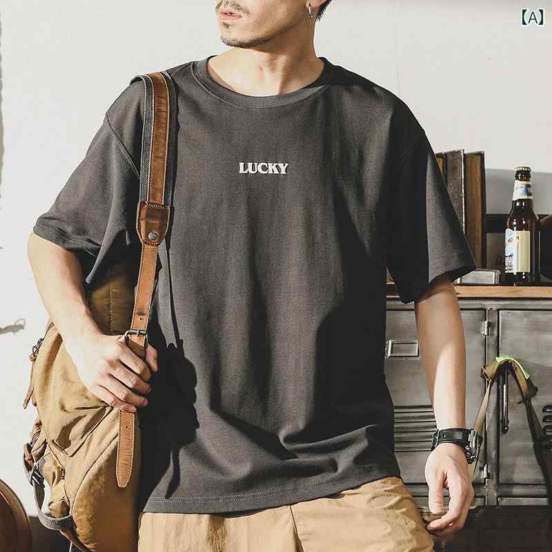 半袖 Tシャツ メンズ 男性用 トップス 夏 アメリカン レトロ 通気性 薄手 フロントテキスト英文字プリント 綿混紡 ポリエステル ポリウレタン弾性繊維 クール シンプル レジャー カジュアル