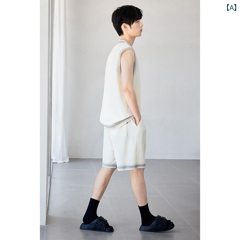 メンズ ノースリーブ ベスト ショーツ セット 夏 薄手 カジュアル ウェイストランド リッピング シャツ ショート パンツ コットン 綿 トップス｜ラ・グラーヌ
