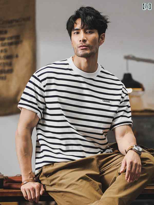 半袖 Tシャツ メンズ 男性用 トップス 夏 アメリカン ボーダ柄 ストライプ 横縞 ワンポイント刺繍 通気性 ベーシック 薄手 綿 コットン カジュアル レジャー カラフルストライプ