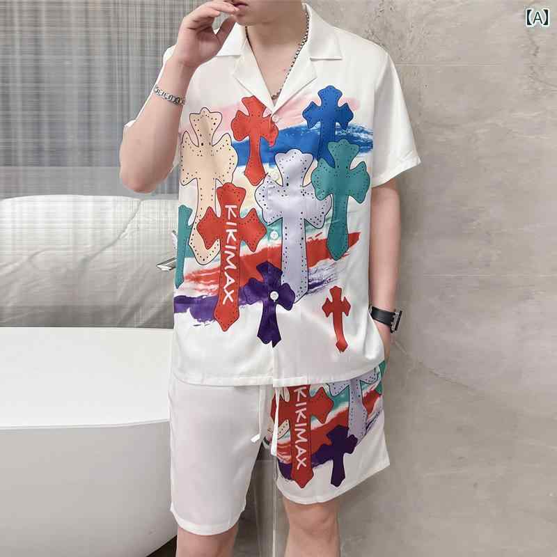 パジャマ リラックス カジュアルウェア メンズ おしゃれ 紳士服 ホームウェア シャツ ショートパンツ 夏 ひんやり 薄手 軽量 プリント カジュアル｜ラ・グラーヌ
