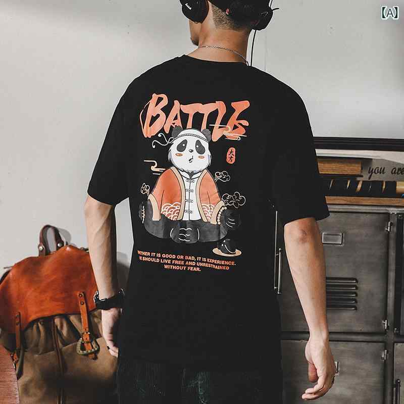 半袖 Tシャツ 夏 カジュアル メンズ おしゃれ トップス アメリカン チャイナ風パンダ 中国風 バックプリント テキスト英文字 冷感 綿 コットン レジャー ゆったり 大きいサイズ