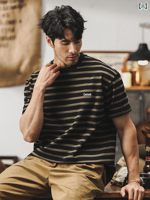 半袖 Tシャツ 夏 カジュアル メンズ おしゃれ シャツ トップス アメリカン ２色ストライプ ボーダ 横縞 ワンポイント 通気性 薄手 綿 コットン スポーツ レジャー ゆったり