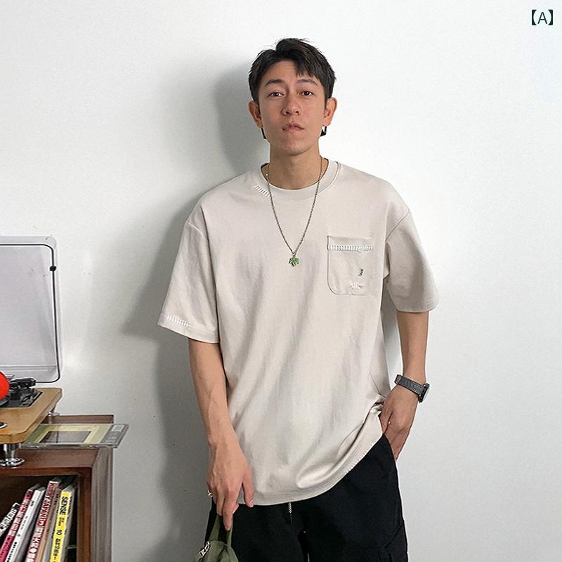 半袖 Tシャツ アメリカン レトロ サマー ラウンドネック メンズ カジュアル ポケット トップス テキスト 都会的 夏 デイリー ゆったり 刺繍 通気性