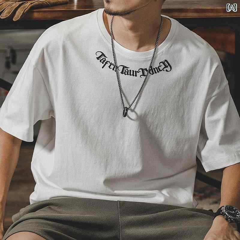 半袖 Tシャツ 夏 カジュアル メンズ おしゃれ トップス アメリカン テキスト英文字 首まわりプリント 綿 コットン レジャー ゆったり さわやか