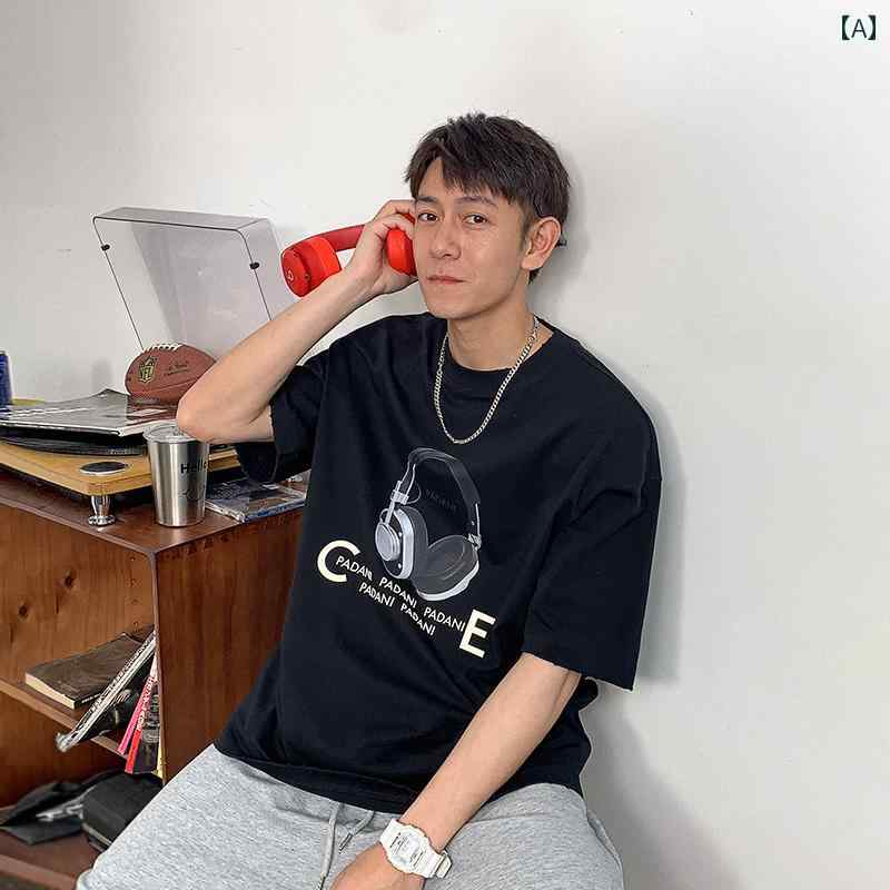 半袖 Tシャツ アメリカン ヘッドフォン プリント メンズ 夏 大きいサイズ ストリート 綿 薄手 ゆったり 都会的 デイリー コットン 通気性 カジュアル サマー