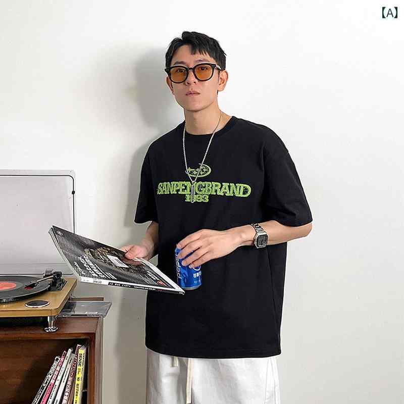 半袖 Tシャツ レター プリント メンズ 夏 カジュアル 綿 ゆったり 都会的 デイリー コットン 通気性 アメリカン ラウンドネック テキスト サマー