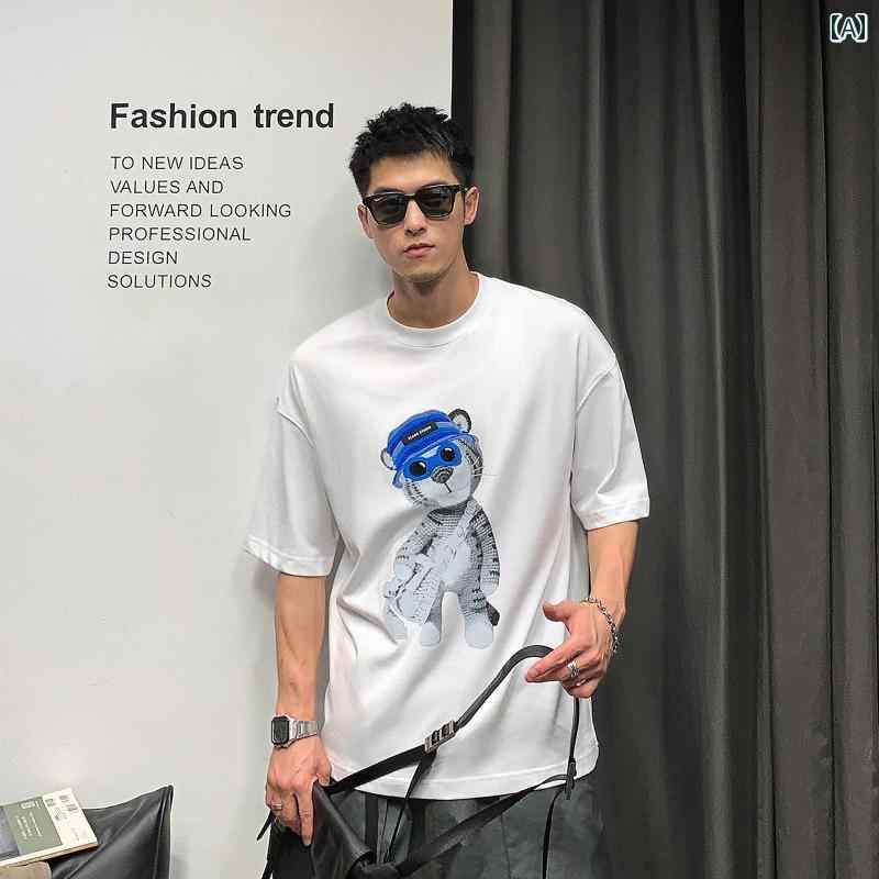 半袖 Tシャツ 刺繍 メンズ アメリカン 万能 夏 ファッション 綿ウール アニメーション ラウンドネック 都会的 デイリー ゆったり アニマル プリント