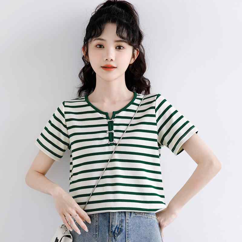 レディース グリーンストライプ 半袖 Tシャツ 夏 Vネック レイヤリング カジュアル シンプル おしゃれ トップス