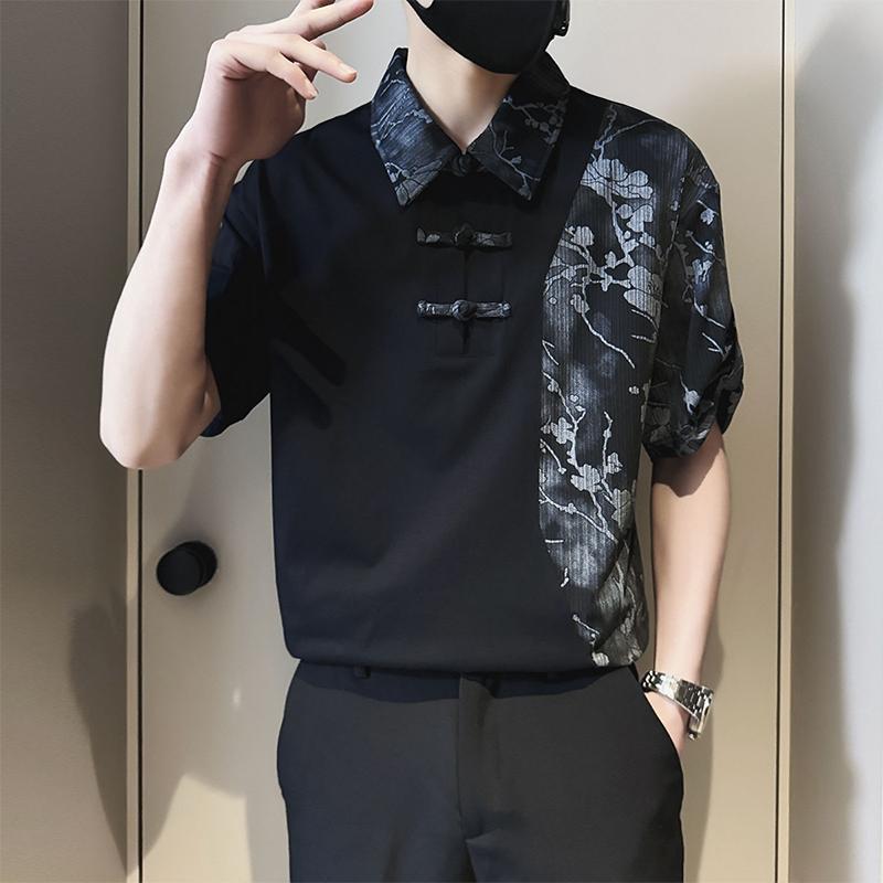 ポロシャツ トップス メンズ おしゃれ スタイリッシュ 紳士 スプライス 半袖 夏 チャイナ風 五分袖 Tシャツ スリムフィット 大きいサイズ 薄手 男性