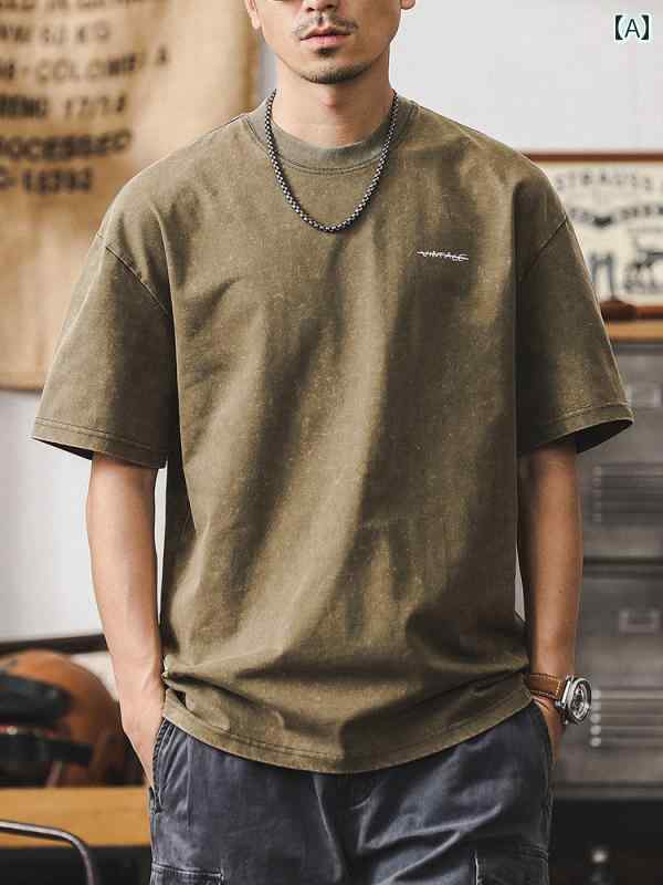 Tシャツ メンズ 男性用 半袖 シャツ トップス 夏 アメリカン ウォッシュド レトロ クラシック ノスタルジック テキスト英文字 ワンポイント バックプリント ラウンドネック 大きいサイズ 綿 コットン カジュアル ゆったり ライトブラウン ブラック