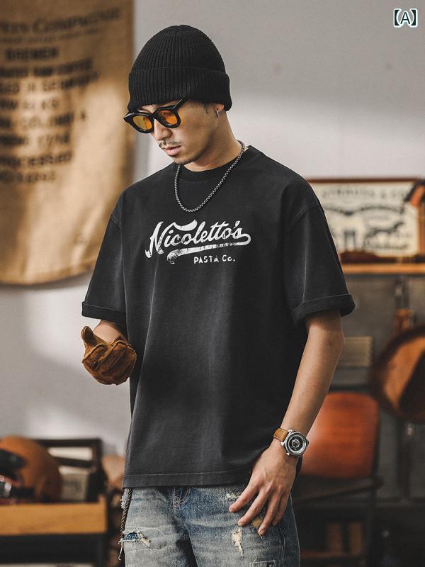 Tシャツ メンズ 男性用 半袖 シャツ トップス 夏 アメリカン レトロ 通気性 フロントプリント テキスト英文字 ユーズド加工プリント 丸首 ラウンドネック 大きいサイズ 綿 コットン レジャー カジュアル ゆったり ブラックグレー ディープパープル