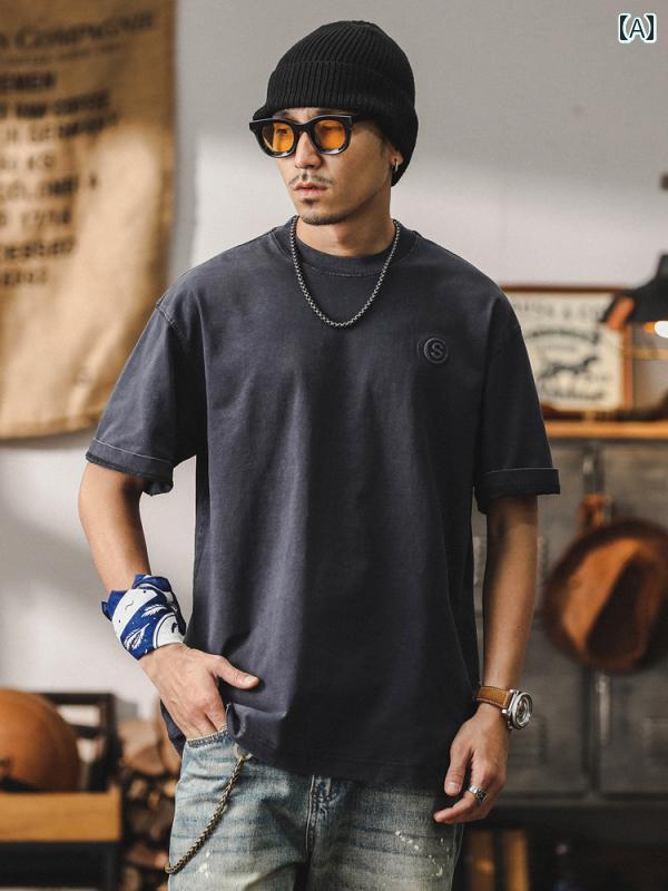 Tシャツ メンズ 男性用 半袖 シャツ トップス 夏 アメリカン レトロ ウォッシュド テキスト英文字 立体スチールプリント バックプリント ワンポイント 無地 通気性 ラウンドネック 大きいサイズ 綿 コットン カジュアル ゆったり ブラウン 濃グレー