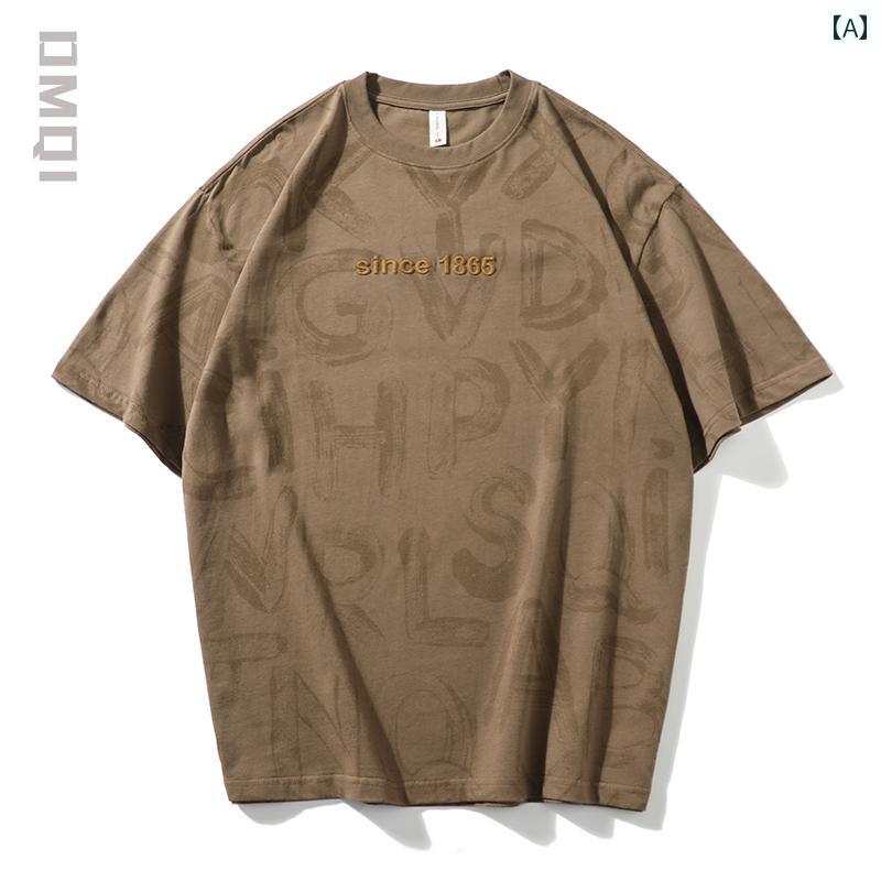 Tシャツ 厚手 綿 レトロ フルプリント 夏 半袖 メンズ 大きいサイズ 男性用 テキスト ラウンドネック アメリカン カジュアル 普段使い ゆったり