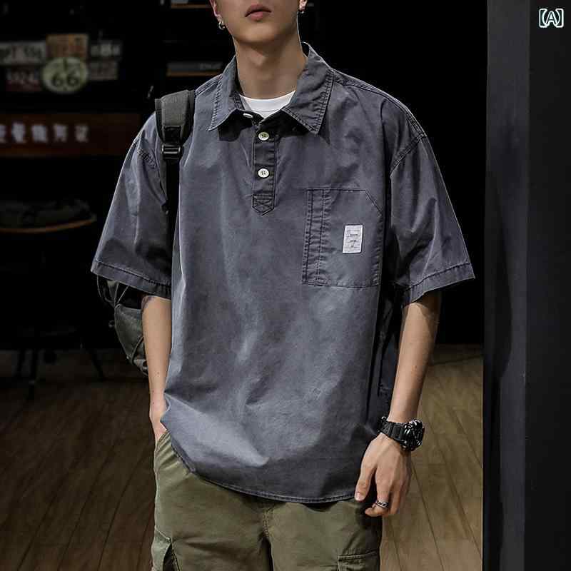 大きいサイズ ポロシャツ アメリカン ウォッシュ レトロ 半袖 シャツ メンズ 夏 コットン Tシャツ 薄手 レジャー ゆったり スプライシング 大きめ サイズ コットン