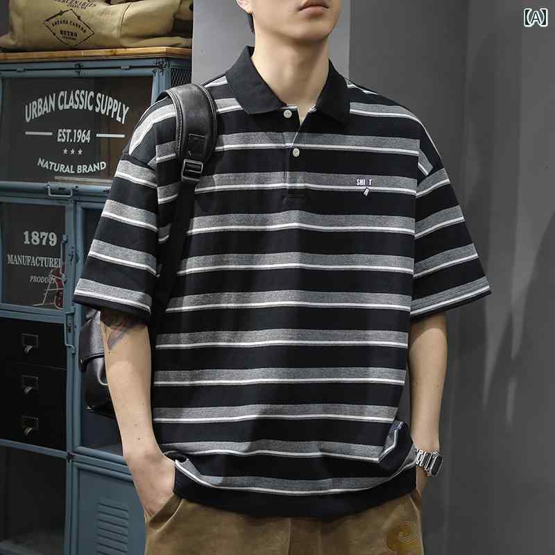 メンズ ポロシャツ 夏 半袖 男性用 ヘビー コットン 半袖 tシャツ アメリカン ボーダー ゆったり プリント ウォッシュド 都会的 綿 デイリー コットン