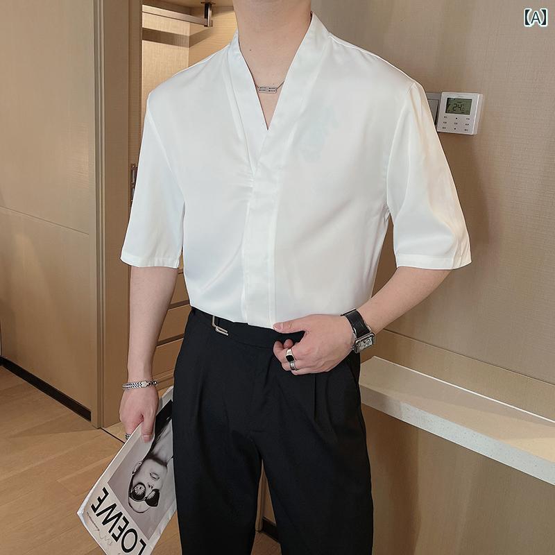 Yシャツ メンズ トップス シャツ おしゃれ ノーカラーシャツ 半袖 七分袖 夏 ゆったり 休日 カジュアル オフィス スタイリッシュ アーバン 大人 紳士服