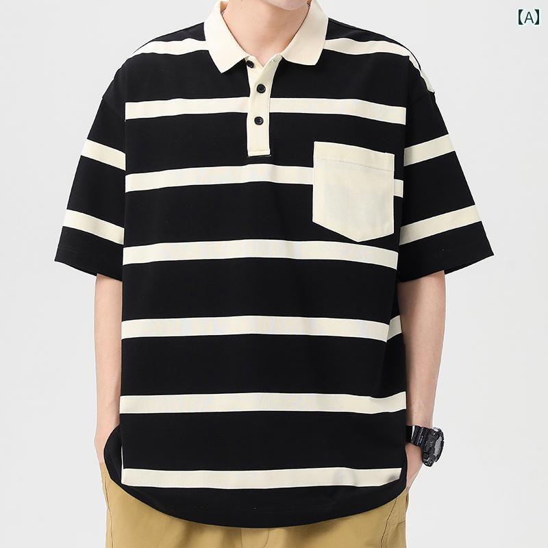 ポロシャツ 抗菌 黒と白 ボーダー メンズ レトロ 和風 夏 半袖 Tシャツ レジャー ゆったり ウォッシュド 通気性 綿 男性用 サマー ポケット ボタン