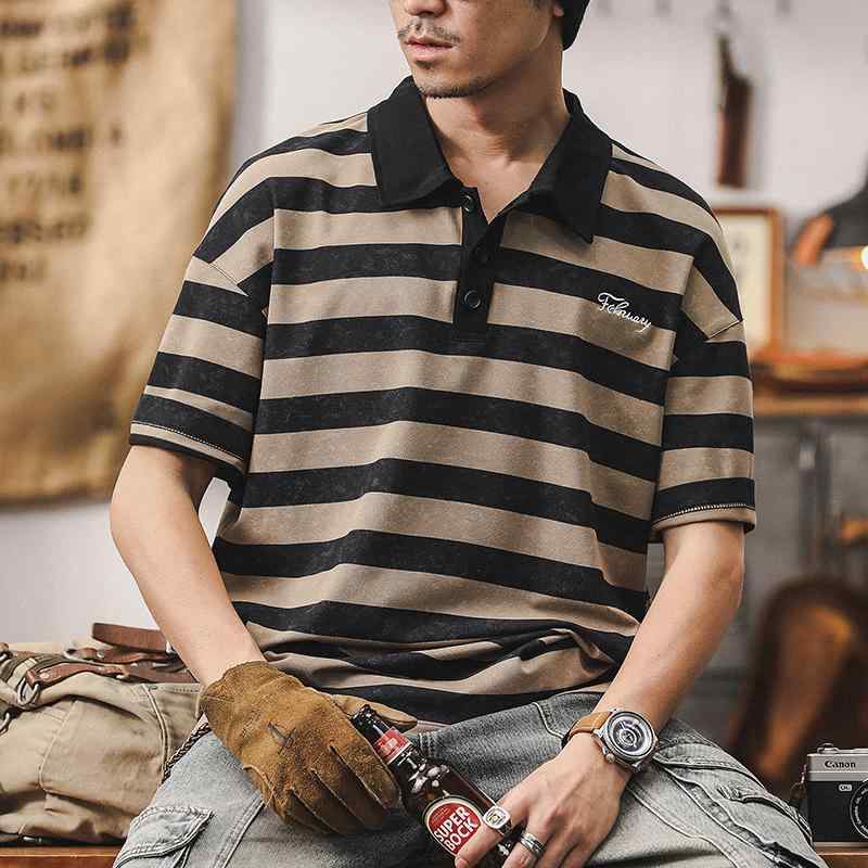 ポロシャツ アメリカン コットン 半袖 夏 コントラスト ストライプ カジュアル Tシャツ メンズ ゆったり ブラック ブラウン ホワイト コーヒー グリーン