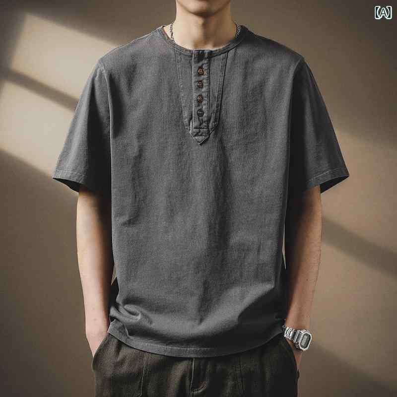 Tシャツ 半袖 夏 メンズ 紳士服 男性用 トップス おしゃれ レトロ ストリート カジュアル ヘンリーネック シンプル