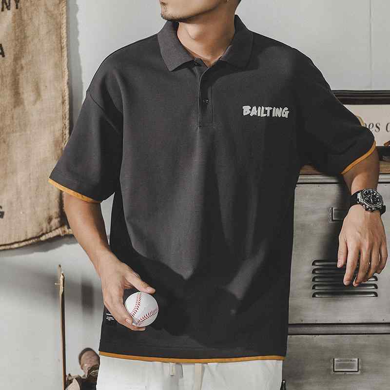 ポロシャツ アメリカン レトロ メンズ 半袖 フェイクツーピース Tシャツ 夏 大きいサイズ ゆったり コットンウール 男性 白 グレー ホワイト