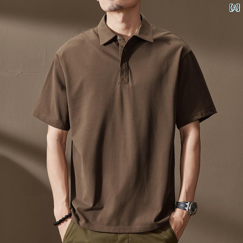 ポロシャツ アメリカン ヘビーウェイト ベーシック 半袖 夏 ブラウン シンプル 半袖 Tシャツ 都会的 レジャー ゆったり 綿 メンズ 男性用 サマー コットン