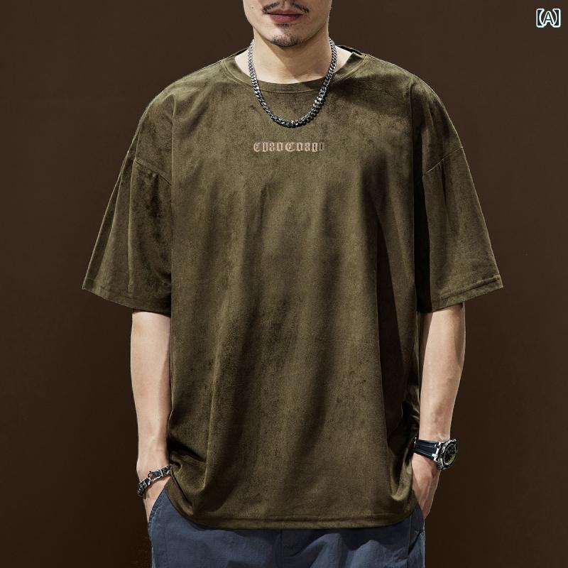 Tシャツ おしゃれ メンズ 半袖 夏 ストリート アメリカン カジュアル 紳士服 男性用 ゆったり トップス レトロ ラウンドネック スエード