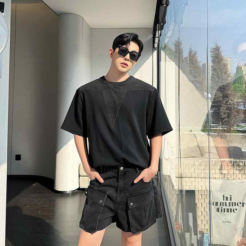 夏 半袖 服 ズボン下 上下 セットアップ ジーンズ 編み目 トップス 二分の一引き上げる さる股引き 背広 セトア 兄ちゃん 今めかしい ご機嫌心地好い