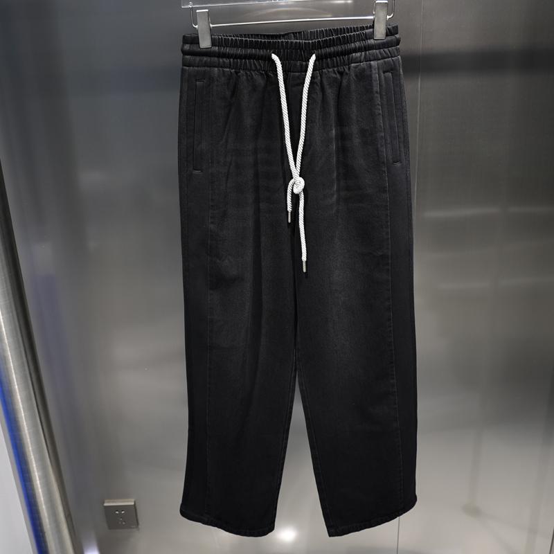 メンズ パンツ 秋 洗浄 白 ウェビング ストレート ウエストゴム ゆったり ジーンズ ウォッシュドデニム ス トリートスタイル カジュアル デイリーウェア トレンディ