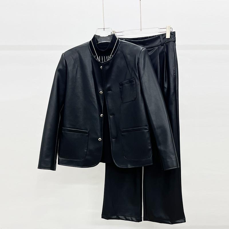 ジャケット ブレザー 上着 パンツ ズボン セットアップ おしゃれ ファッション メンズ レトロ レザー カジュアル 高級感 肩パッド ゆったり スタイリッシュ