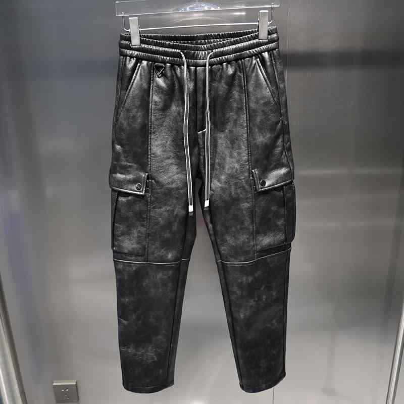 カジュアル パンツ リラックス 普段着 冬 裏起毛 厚手 作業着 ポケット 弾性 スリムフィート ブラック PUレザーパンツ カジュアル メンズファッション 合成皮革 個性的 機能性 防寒 スタイリッシュ