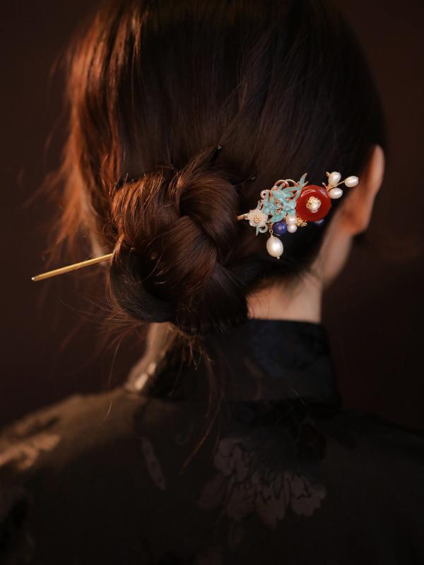 ヘアアクセサリー かんざし 髪飾り 一本刺し 赤瑪瑙 チャイナ レディース シンプル カジュアル デイリー レトロ｜ラ・グラーヌ
