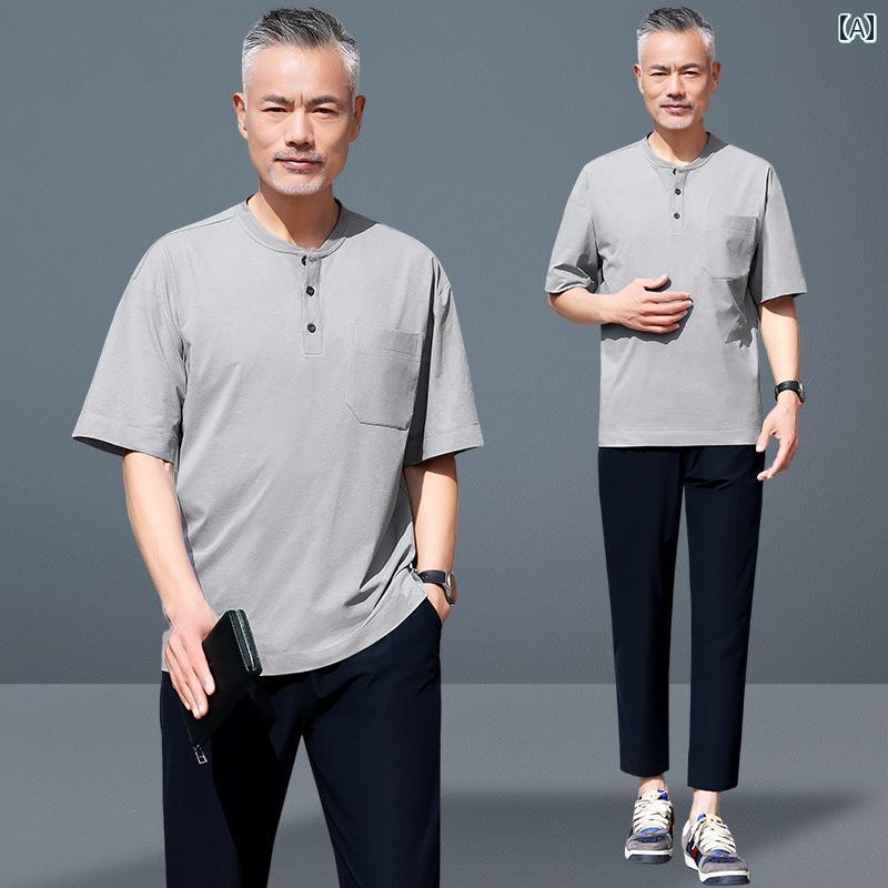 チャイナ風 トップス メンズ カジュアル スポーツ 夏 お父さん ラウンドネック 半袖 Tシャツ レトロ シンプル