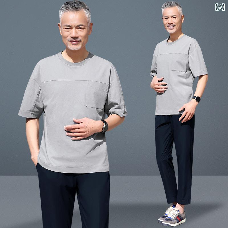 Tシャツ メンズ カジュアル スポーツ 夏 ファッション レトロ お父さん ラウンドネック トップス スポーツウェア