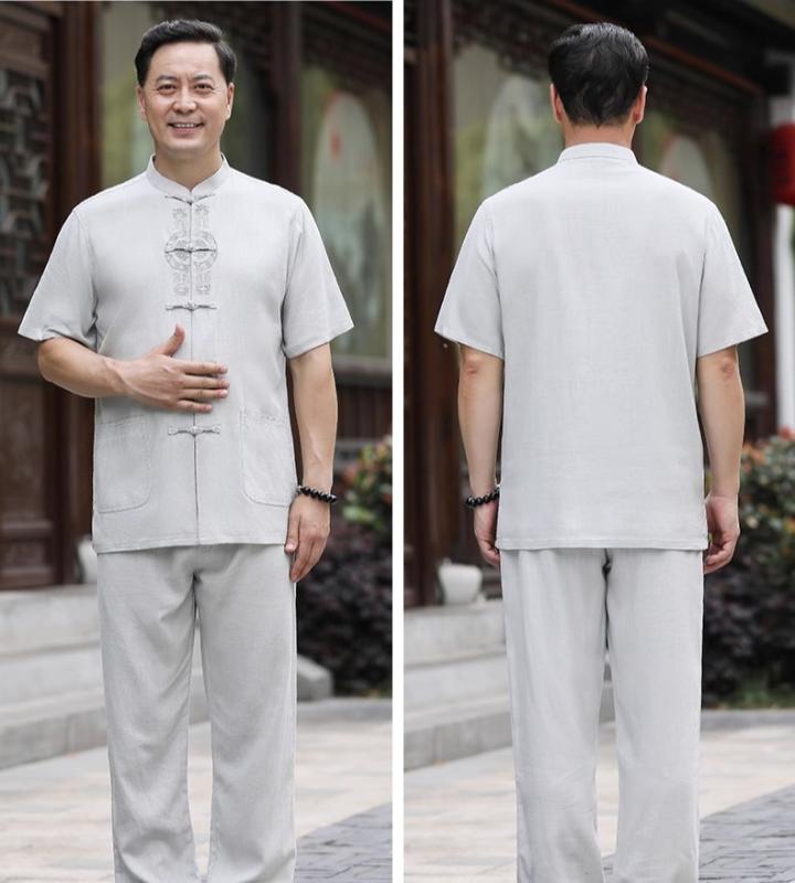 メンズ 唐装 夏服 コットン リネン チャイナ風 シンプル カジュアル おしゃれ 万能 セットアップ シニア