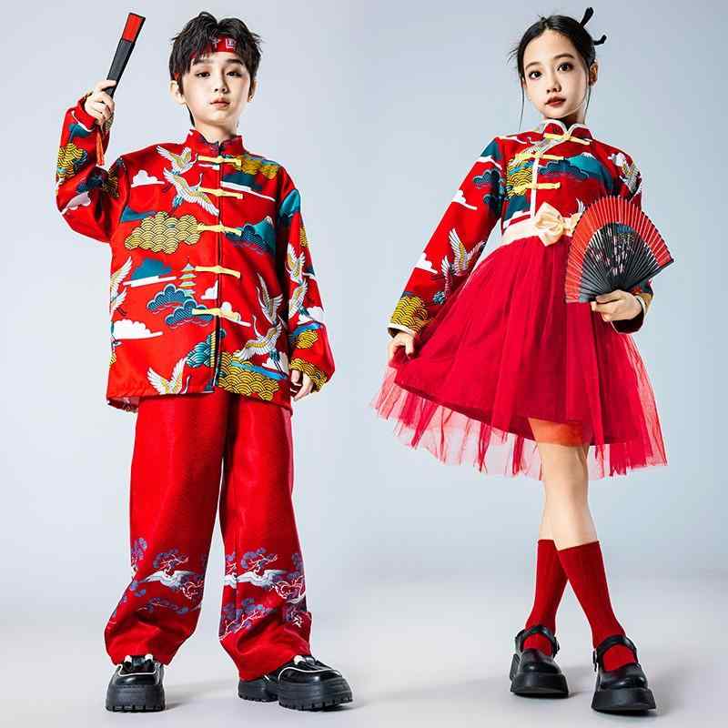 子供服 キッズ 衣装 チャイナ風 新年 お祝い コーラス ステージ パフォーマンス ダンス 漢服 ユニーク ユニセックス 和風 華やか コスチューム