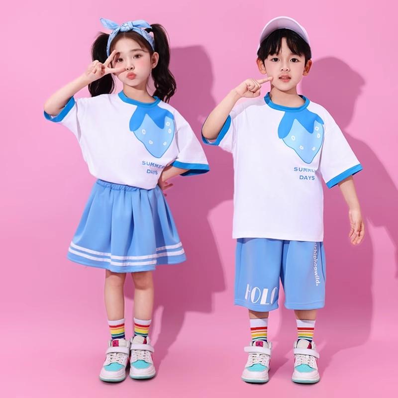 子供服 キッズ 衣装 コスチューム コスプレ かわいい オリジナル ライトブルー チアリーディング コーラス パフォーマンス ユニフォーム
