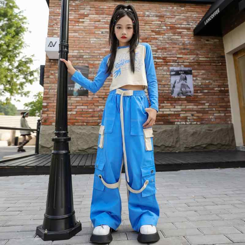 子供服 キッズ ダンス 衣装 ジャズ ヒップホップ パフォーマンス ストリート ガールズ スポーティー アクティブ カジュアル ブルー