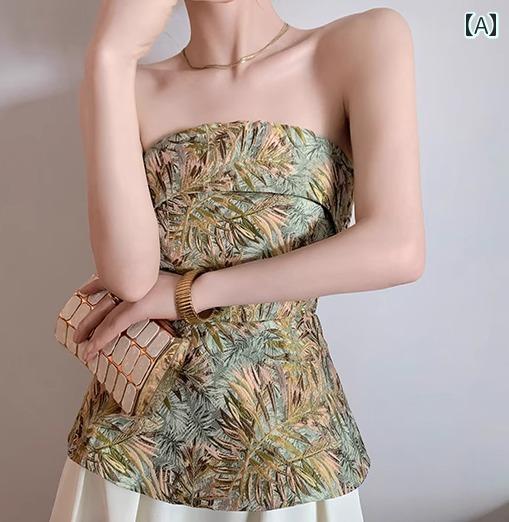 レディース トップス ワンショルダー 袖なし ストレートライン セクシー ジャカード織 植物柄 ボタニカル 刺繍 薄グリーン系 エスニックスタイル エレガント パーティ 上品 フォーマル デザイン性｜ラ・グラーヌ