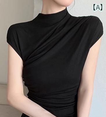 レディース シャツ 半袖 トップス 単品 黒 スタンドカラー 立ち襟 無地 シンプル エレガント ミニマル シック 上品 モダン 快適 軽量 オフィス カジュアル スタイリッシュ クール｜ラ・グラーヌ