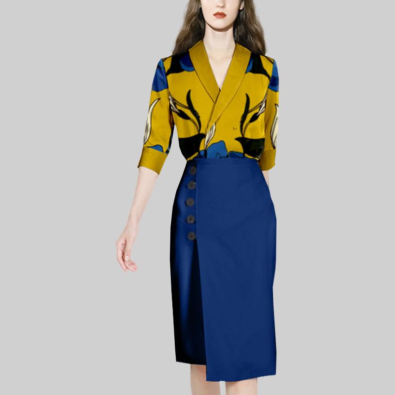 レディース 婦人服 フレンチ 長袖 シャツ 夏 プリント スカート スリム セットアップ フロントボタン オフィス カジュアル ファッション ユニーク レトロ おしゃれ
