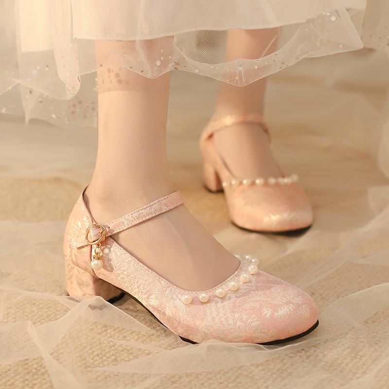 レディース パンプス かわいい プリンセス フェアリー 女性 靴 エスニック レトロ チャイナ風 ヒール 学生用 ラウンドトゥ アンティーク