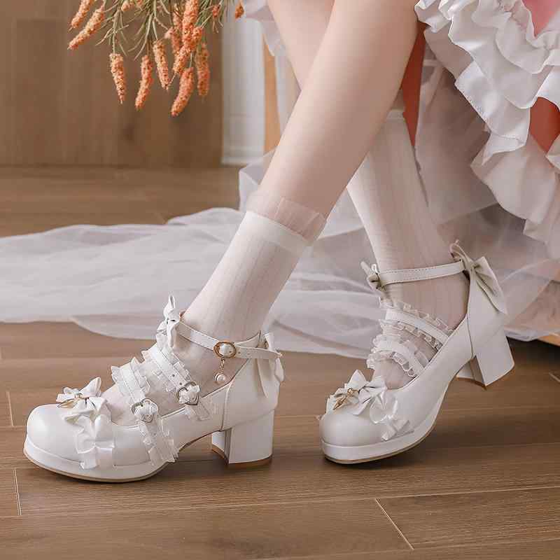 レディース ロリータ 靴 学生 ハイヒール リボン レース 女性 ファッション かわいい パーティー ドレスアップ 5,375円