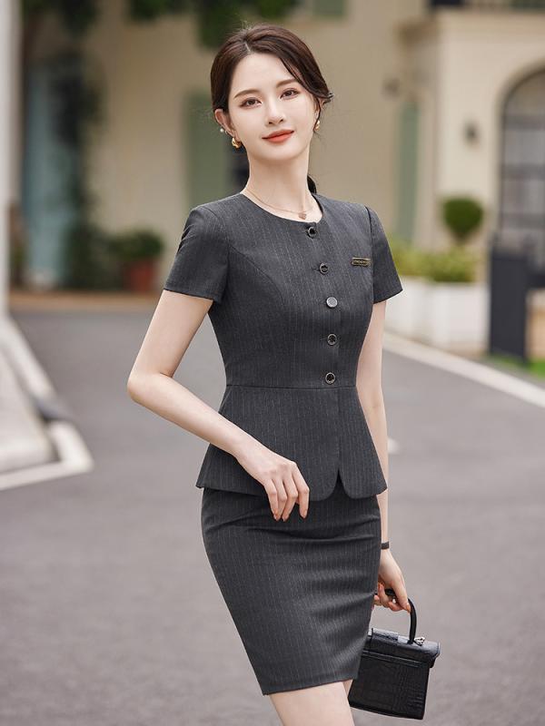 レディース スカート スーツ ビジネス ホテル 受付 エステ 制服 女性 ストライプ 夏 スリムフィット 半袖 ラウンドネック シングルブレスト 上下セット シンプル おしゃれ